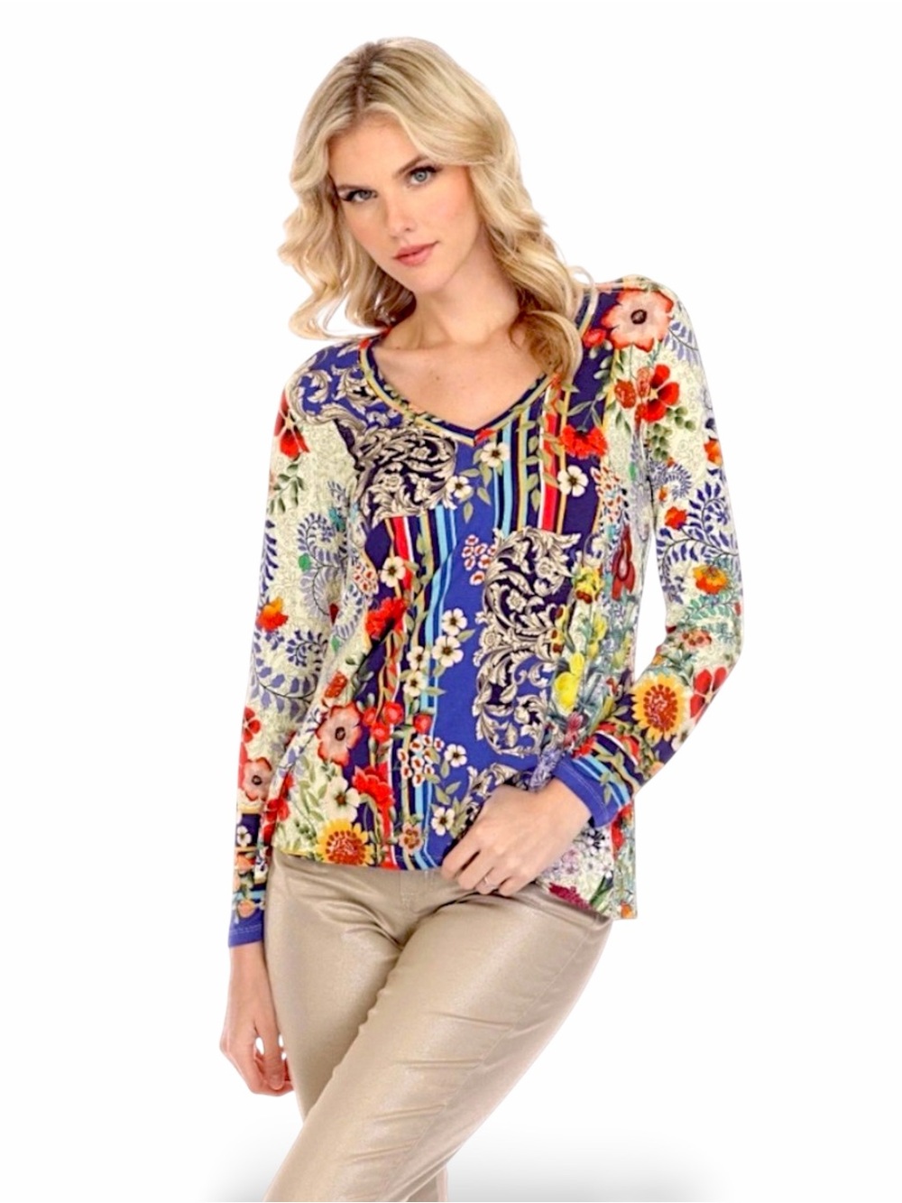 Johnny Was Wild Flower Favorite Long Sleeve V-Neck Swing Tee - Picture 12 of 16